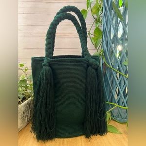 Classic Forest Green Top Handle Wayuu Bag - Handwoven Trendy Tote Bag